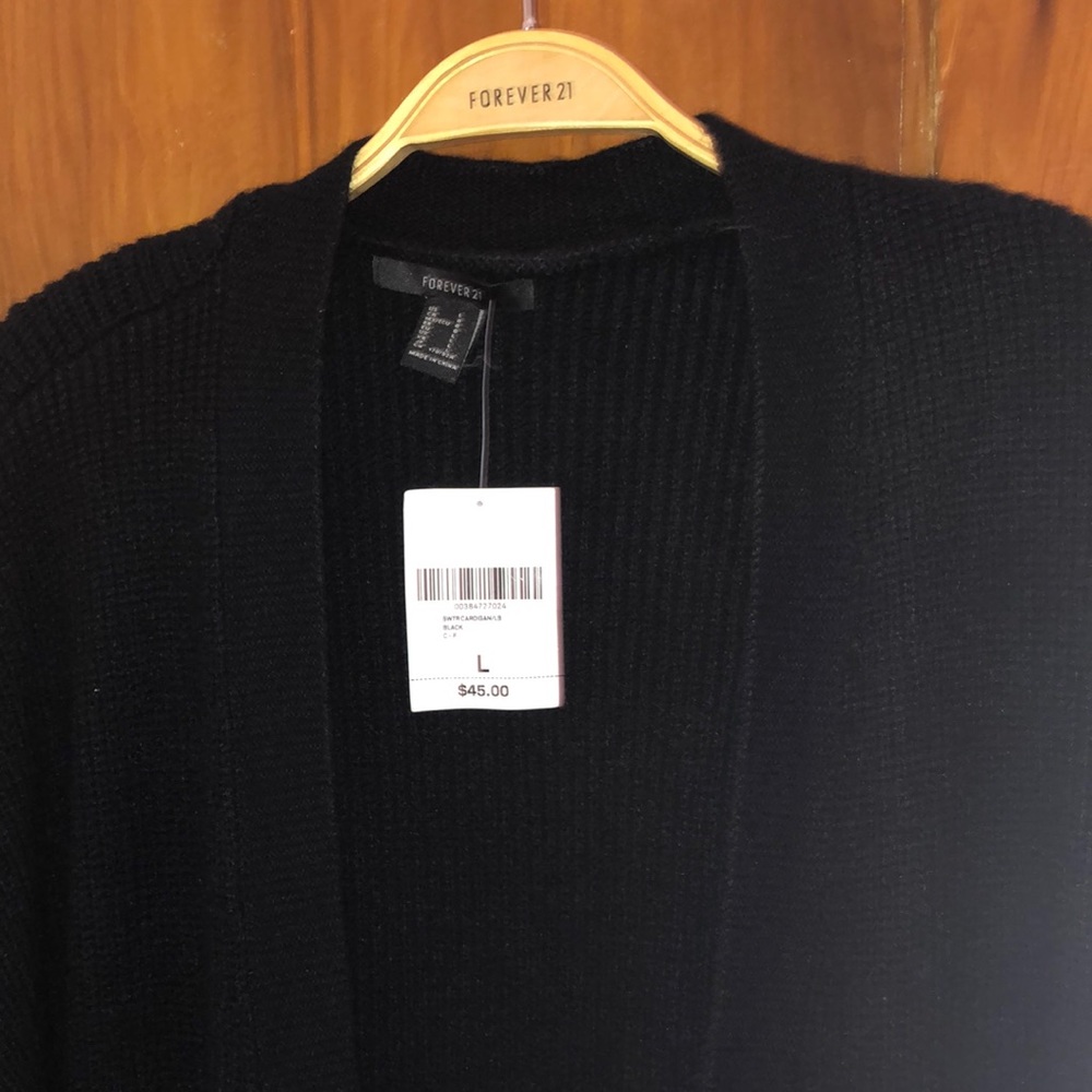 Long open black cardigan sweater
